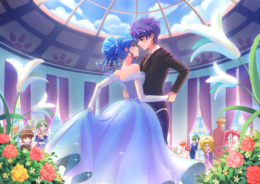 absurdres, altessa_(futagohime), auraa_(futagohime), blue_eyes, blue_hair, bright_(futagohime), dancing, fine_(futagohime), fushigiboshi_no_futago_hime, green_eyes, hall, highres, leonne_(futagohime), miruro_(futagohime), non-web_source, party, pumo_(futagohime), purple_hair, rein_(futagohime), shade, shein, sophie_(futagohime)