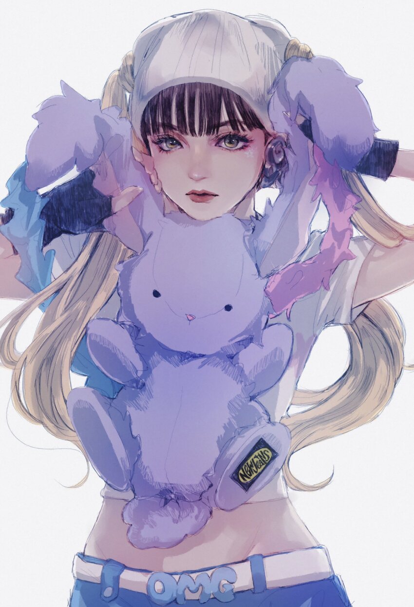 1girl, akari_(kimute_jihiki), beanie, belt, black_gloves, blonde_hair, blue_shorts, brown_eyes