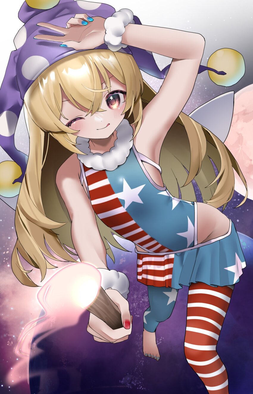 american_flag_legwear, american_flag_leotard, american_flag_print, american_flag_skirt, barefoot, blonde_hair, clownpiece, fairy