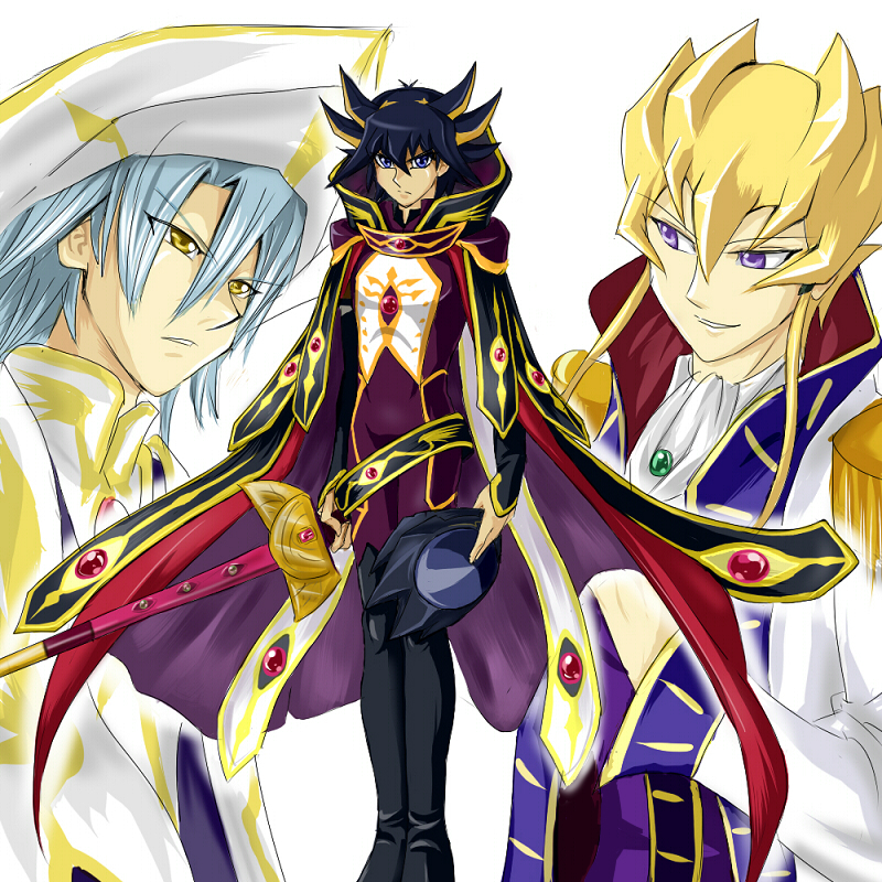 3boys, blonde_hair, blue_eyes, blue_hair, code_geass, cosplay, fudo_yusei, helmet