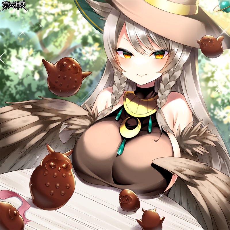 1girl, akemitsume, aura_venefika, bird, braid, breasts, brown_hair, brown_hat, brown_wings, copyright_name, dairoku_ryouhei, day, feathered_wings, harpy, hat, large_breasts, long_hair, looking_at_viewer, mole, mole_on_breast, monster_girl, outdoors, owl, sideboob, smile, solo, twin_braids, upper_body, winged_arms, wings, witch_hat, yellow_eyes