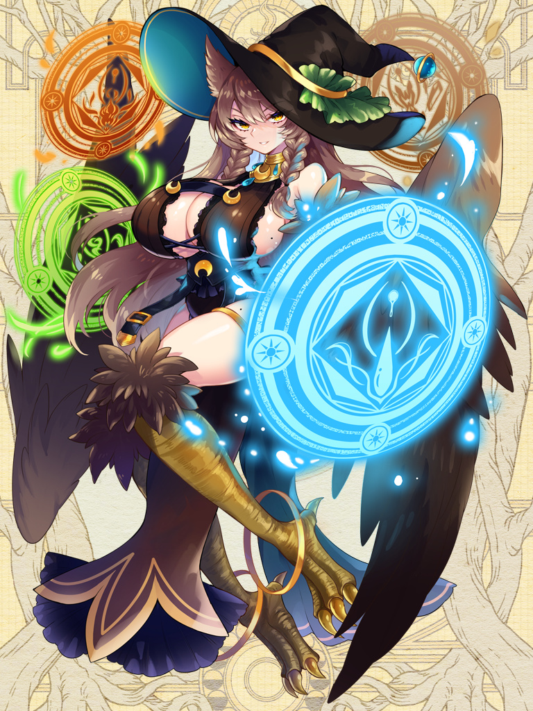 1girl, aura_venefika, bird_legs, black_hat, braid, breasts, brown_hair, brown_wings