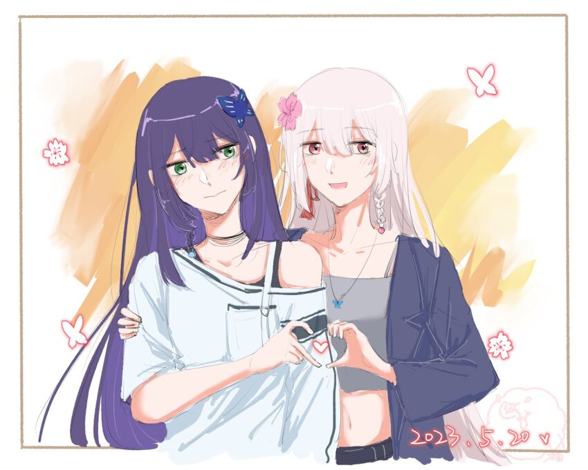 2girls, assault_lily, asymmetrical_sleeves, belt, bing_bushi_ganmao_ling_z, black_belt, black_choker, black_jacket