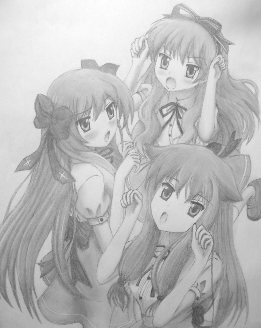 3girls, bow, charcoal_(medium), greyscale, hair_bow, highres, kiriya_nozomi, mayoi_neko_overrun!