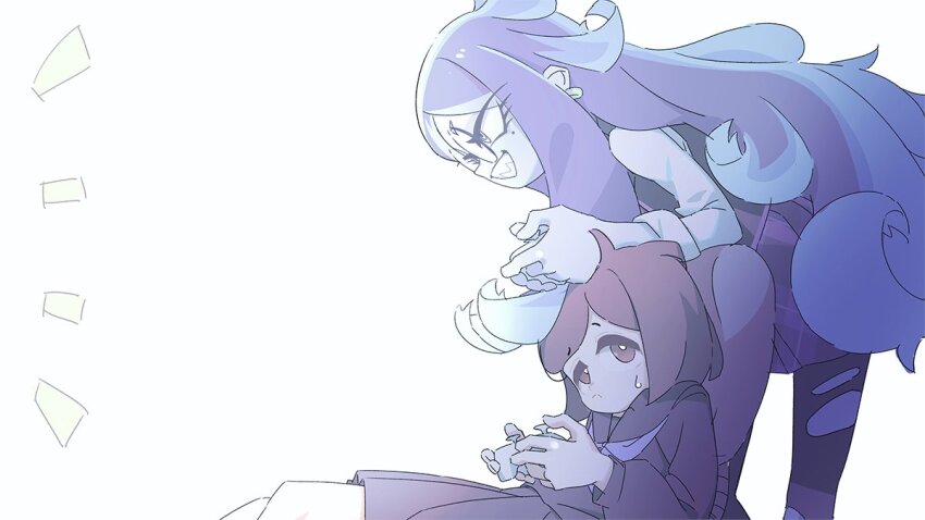 2girls, arms_on_head, bent_over, blue_hair, brown_hair, chair, controller, donuttypd