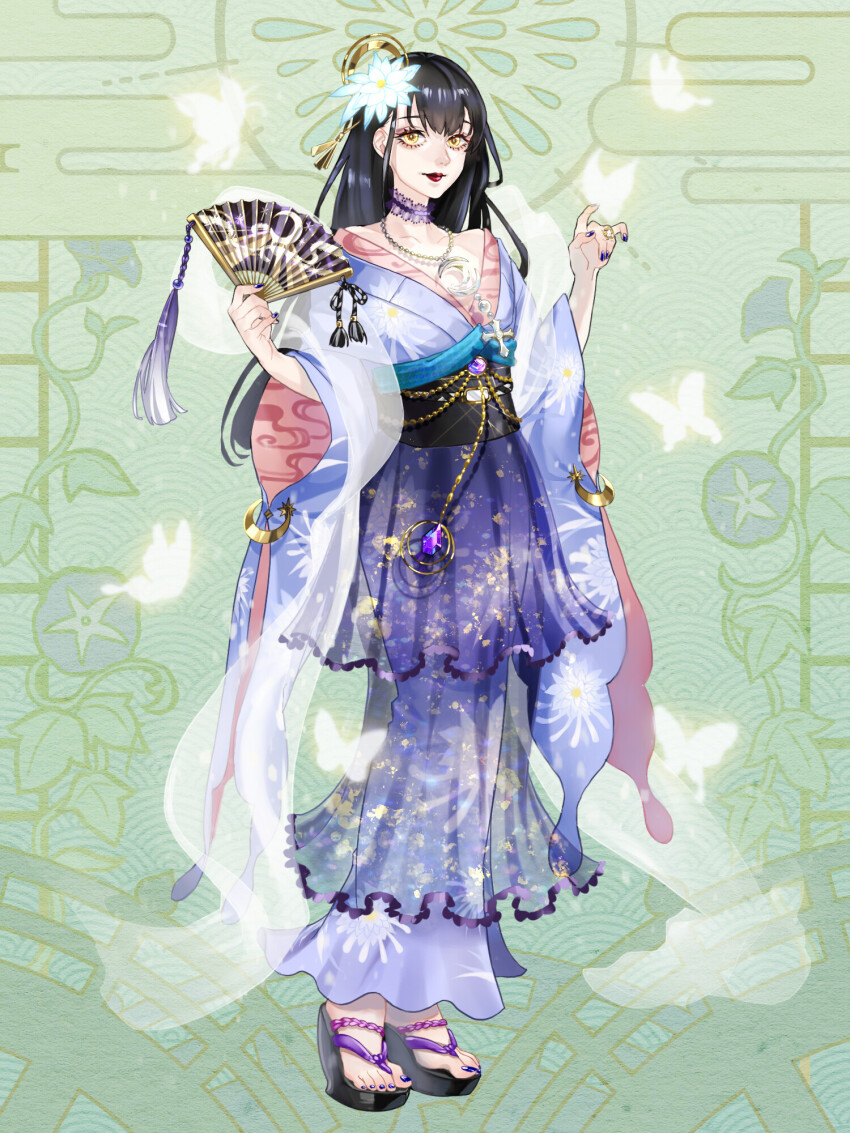 1girl, black_hair, blue_nails, breasts, bug, butterfly, choker, cleavage, cross, cross_necklace, dairoku_ryouhei, eyelashes, flower, folding_fan, full_body, gem, green_background, hair_flower, hair_ornament, hand_fan, highres, insect, japanese_clothes, jewelry, kimono, lipstick, long_hair, makeup, michiko_tgwm, necklace, okobo, platform_sandals, purple_gem, ring, sandals, small_breasts, solo, standing, tsukimori_yue, very_long_hair, white_butterfly, wide_sleeves, yellow_eyes
