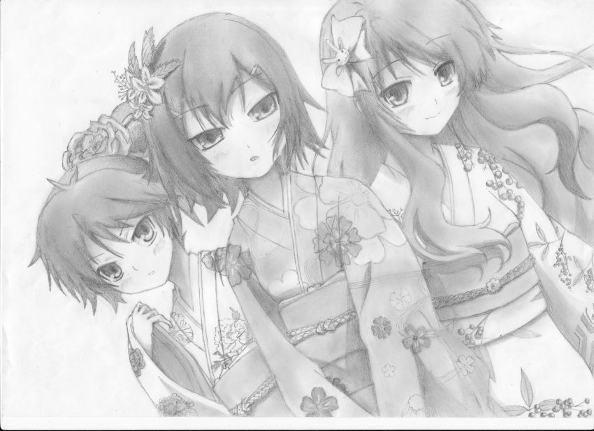 absurdres, baka_to_test_to_shoukanjuu, charcoal_(medium), flower, greyscale, hair_flower, hair_ornament, highres