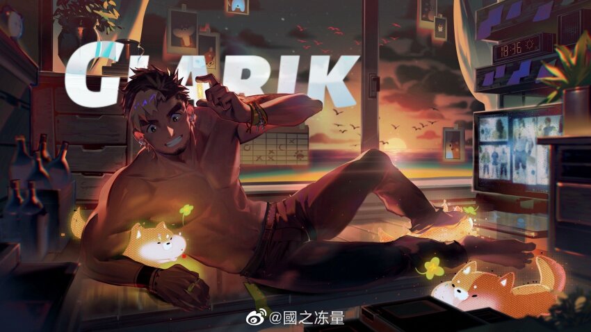 1boy, abs, bara, barefoot, dark-skinned_male, dark_skin, digital_dissolve, ear_piercing