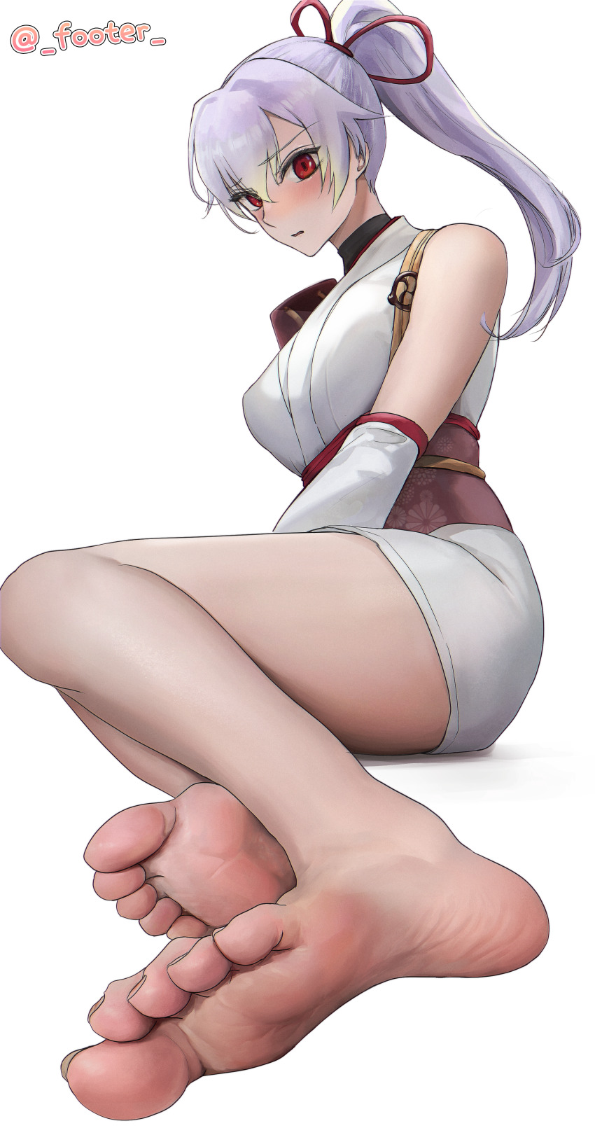 1girl, absurdres, barefoot, blush, fate/grand_order, fate_(series), feet, foot_focus, footer@unyaaan, highres, long_hair, looking_at_viewer, parted_lips, ponytail, red_eyes, silver_hair, soles, toes, tomoe_gozen_(fate), tomoe_gozen_(first_ascension)_(fate)
