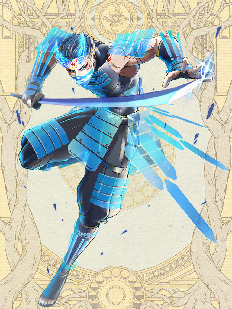 1boy, arm_tattoo, armor, black_gloves, black_pants, dairoku_ryouhei, facial_tattoo, fingerless_gloves, glint, gloves, hair_slicked_back, holding, holding_sword, holding_weapon, kirishima_soga, male_focus, mask, mouth_mask, pants, running, solo, spiked_hair, sword, taketeru_(falcon), tattoo, toeless_footwear, toned, toned_male, weapon, yellow_background