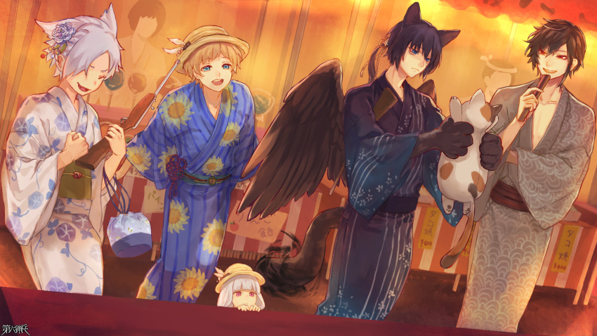 1girl, 6+boys, :d, animal, animal_ears, aomidorihana, blue_eyes, blue_kimono
