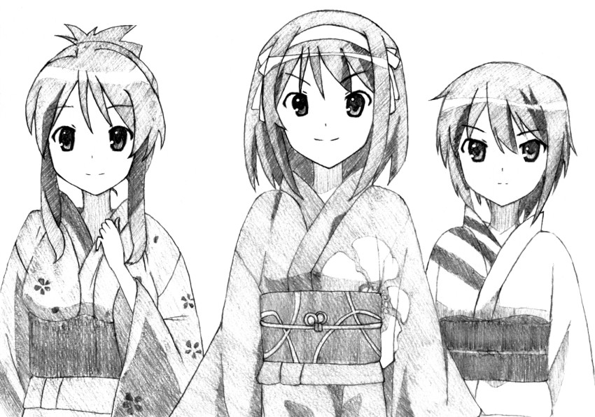 3girls, asahina_mikuru, bad_id, bad_pixiv_id, charcoal_(medium), greyscale, hair_ribbon, japanese_clothes