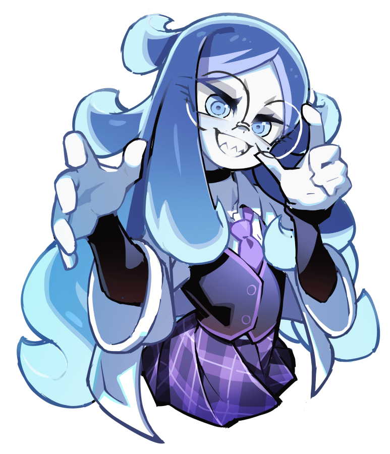 1girl, arms_up, black_choker, black_sleeves, black_vest, blue_eyes, blue_hair, blush