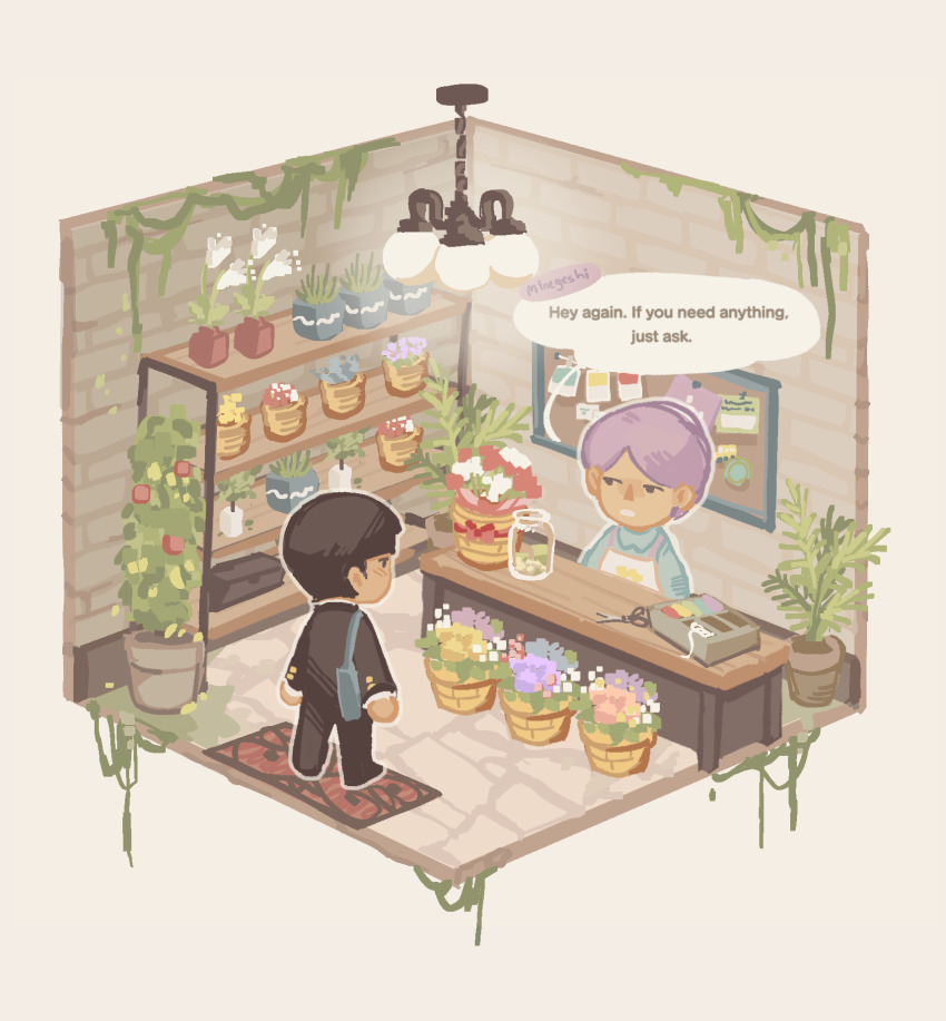 2boys, animal_crossing, animal_crossing_(style), bag, black_hair, bulletin_board, ceiling_light, commentary, counter, english_commentary, english_text, flower, flower_shop, gakuran, highres, indoors, kageyama_shigeo, long_sleeves, looking_at_another, male_focus, minegishi_toshiki, mob_psycho_100, mp100days, multiple_boys, nintendo, outline, plant, potted_plant, purple_hair, school_uniform, scissors, shop, short_hair, shoulder_bag, speech_bubble, standing, tip_jar, white_outline