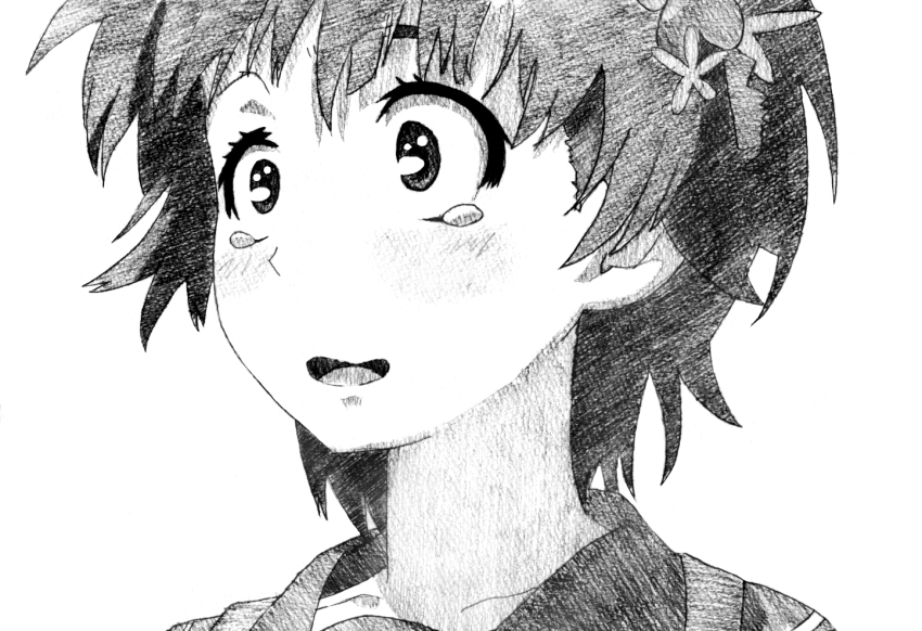1girl, bad_id, bad_pixiv_id, charcoal_(medium), close-up, female_focus, flower, greyscale, hair_flower, hair_ornament, head_wreath, monochrome, ryuuryuu, school_uniform, serafuku, solo, surprised, tears, toaru_kagaku_no_railgun, toaru_majutsu_no_index, traditional_media, uiharu_kazari, wreath