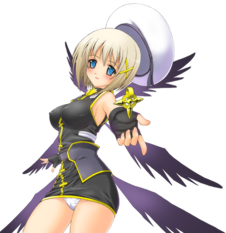 00s, 1girl, black_wings, blonde_hair, blue_eyes, blush, breasts, covered_erect_nipples