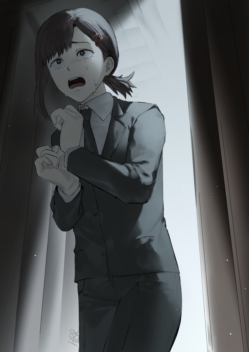 1girl, absurdres, black_jacket, black_necktie, black_pants, chainsaw_man, collared_shirt, commentary, hair_ornament, hairclip, harari, higashiyama_kobeni, highres, indoors, jacket, long_sleeves, necktie, open_mouth, pants, ponytail, scared, shirt, short_ponytail, solo, sweat, white_shirt