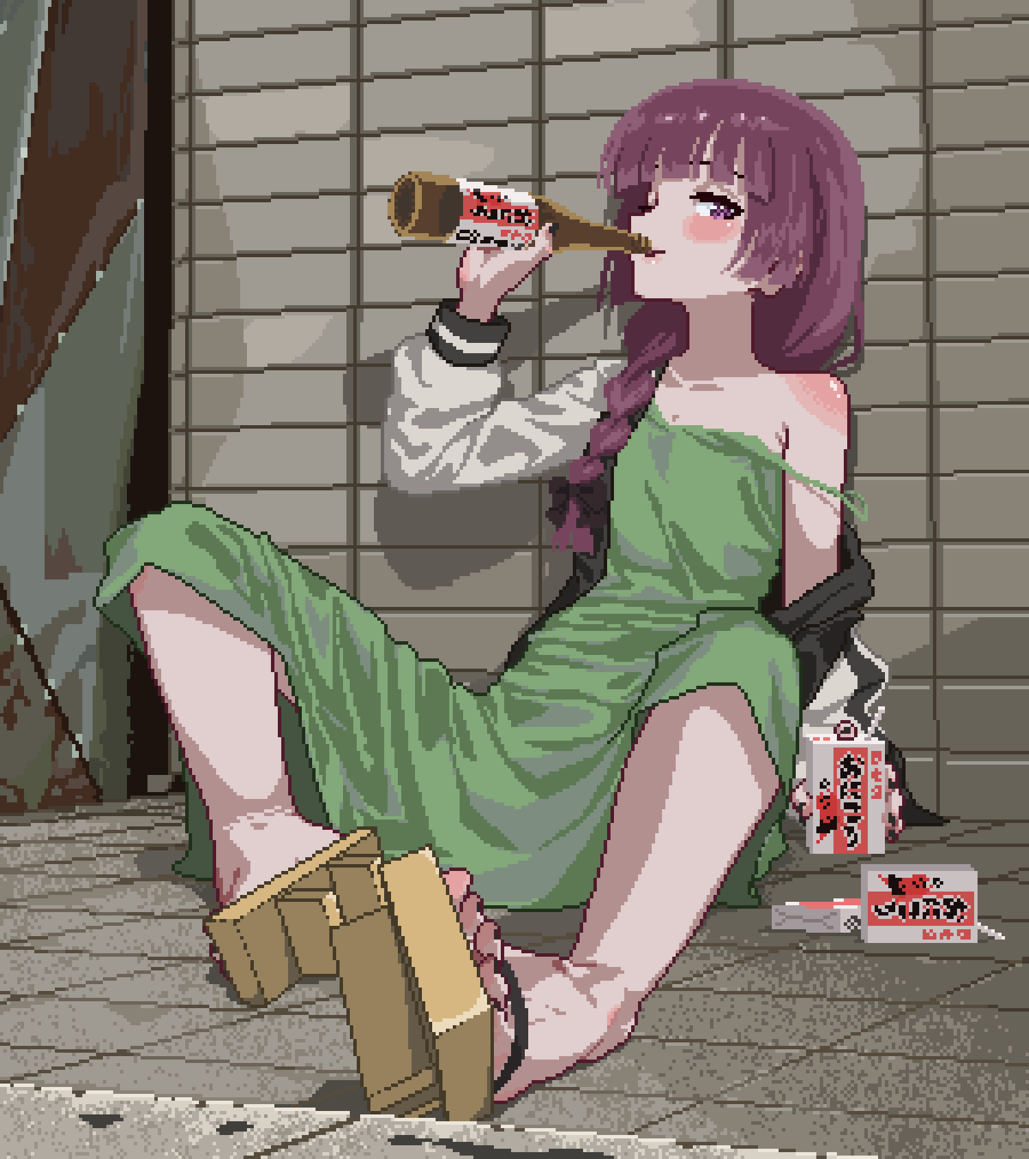 1girl, alcohol_carton, armpit_crease, baiyuu, beer_bottle, black_jacket, black_nails, blunt_bangs, blush, bocchi_the_rock!, braid, braided_ponytail, breasts, collarbone, dress, drink_carton, eyelashes, feet, foreshortening, full_body, geta, green_dress, hair_over_shoulder, hand_up, highres, hiroi_kikuri, holding, holding_carton, holding_drink_carton, jacket, knees_up, long_hair, looking_at_viewer, low-braided_long_hair, low-tied_long_hair, multicolored_jacket, nail_polish, off_shoulder, on_ground, open_clothes, open_jacket, outdoors, pixel_art, purple_eyes, purple_hair, sandals, shadow, sitting, sleeveless, sleeveless_dress, small_breasts, solo, strap_slip, toenail_polish, toenails, toes, white_jacket