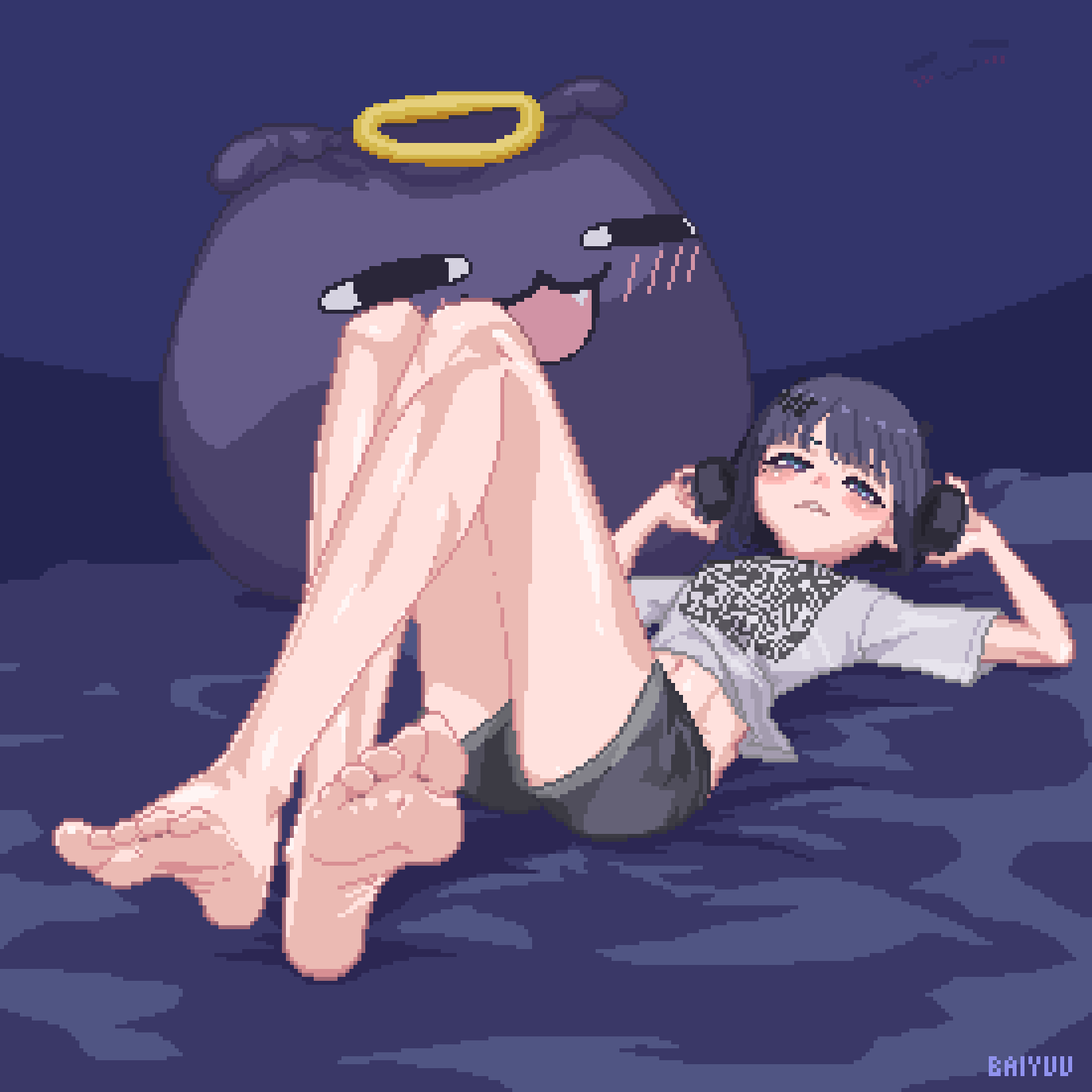 1girl, artist_name, baiyuu, black_shorts, blue_eyes, bob_cut, commentary, crossed_legs, english_commentary, feet, foreshortening, grey_shirt, hair_ornament, hands_up, headphones, highres, hololive, hololive_english, knees_up, legs, looking_at_viewer, lying, medium_hair, midriff, mole, mole_under_eye, navel, ninomae_ina'nis, ninomae_ina'nis_(loungewear), official_alternate_costume, on_back, pixel_art, purple_background, purple_hair, shiny_skin, shirt, short_hair, short_sleeves, shorts, sidelocks, soles, solo, t-shirt, takodachi_(ninomae_ina'nis), thighs, toes, virtual_youtuber