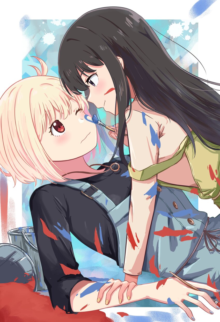 2girls, absurdres, arm_support, black_hair, black_shirt, blonde_hair, blue_overalls, blush