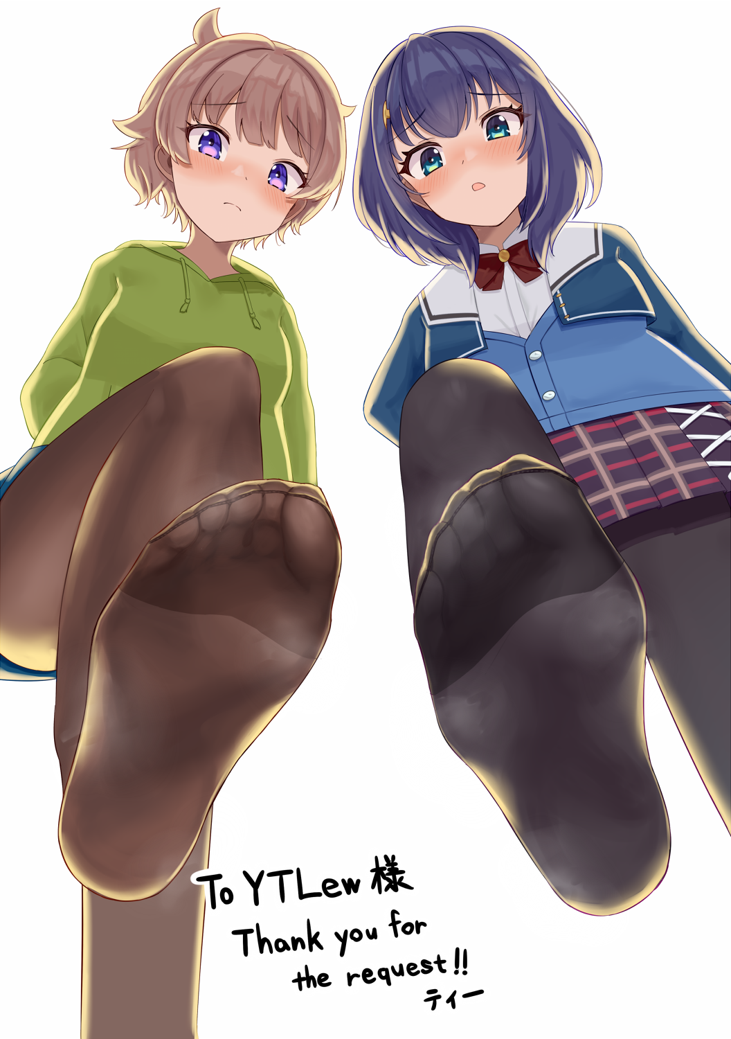 2girls, blue_eyes, blue_hair, blush, brown_hair, dark_blue_hair, feet, highres, looking_at_viewer, medium_hair, multiple_girls, pantyhose, parted_lips, purple_eyes, sasuga_chisa, shizuka_(world_dai_star), soles, steam, teaaaaa511, toes, world_dai_star