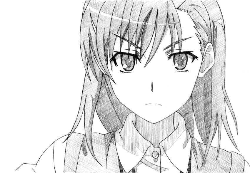 >:(, bad_id, bad_pixiv_id, charcoal_(medium), greyscale, misaka_mikoto, monochrome, portrait, ryuuryuu, school_uniform, short_hair, solo, toaru_kagaku_no_railgun, toaru_majutsu_no_index, traditional_media