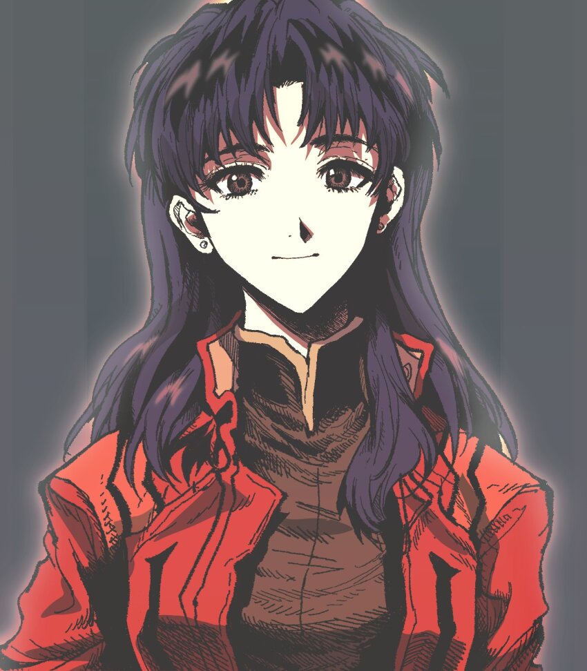 1girl, breasts, brown_eyes, brown_shirt, closed_mouth, earrings, grey_background, hair_over_shoulder, highres, jacket, jewelry, katsuragi_misato, long_hair, long_sleeves, looking_at_viewer, medium_breasts, my_nameisyoon, neon_genesis_evangelion, parted_bangs, purple_hair, red_jacket, shirt, smile, solo, upper_body