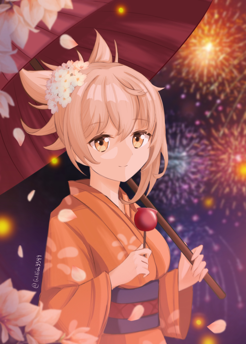 1girl, absurdres, artist_name, artist_request, asymmetrical_hair, blonde_hair, blue_obi, breasts