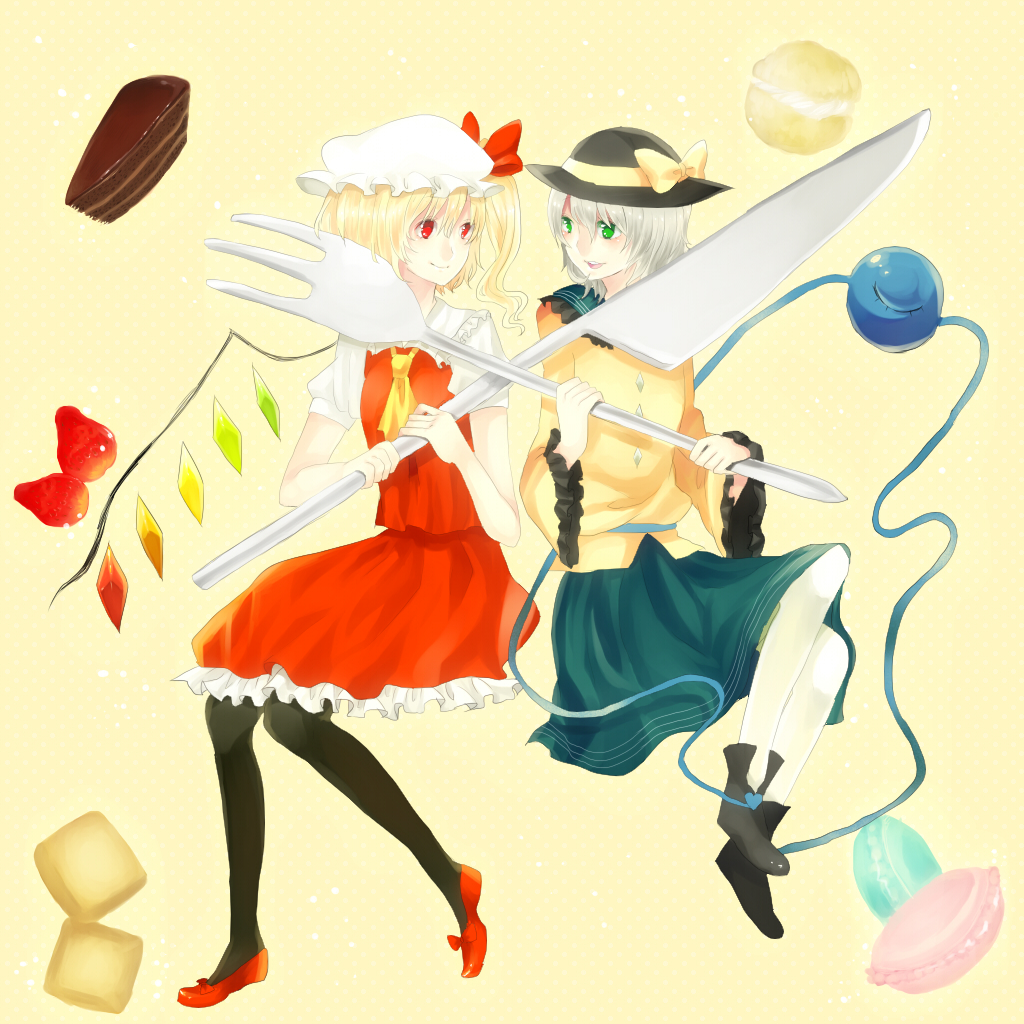 2girls, bad_id, bad_pixiv_id, black_pantyhose, blonde_hair, boots, bow, cake, female_focus, flandre_scarlet, food, fork, fruit, green_eyes, hat, heart, holding, holding_fork, knife, komeiji_koishi, multiple_girls, necktie, open_mouth, oversized_object, pantyhose, pastry, ponytail, red_eyes, riku_(kakao100), rikyuu, short_hair, side_ponytail, silver_hair, skirt, smile, strawberry, touhou, white_legwear, wings
