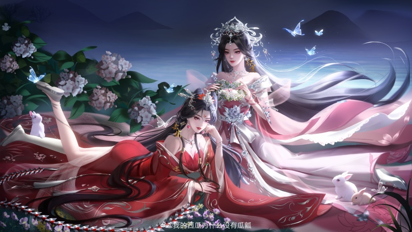 2girls, absurdres, black_hair, bug, butterfly, chi_lian_(qin_shi_ming_yue), cone_hair_bun, dress