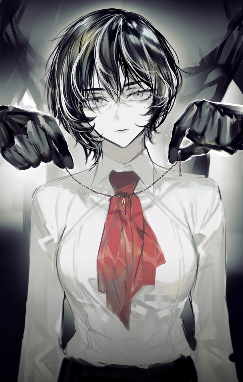 1boy, 1girl, black_hair, black_pants, black_shirt, closed_mouth, collared_shirt, expressionless, highres, jewelry, long_sleeves, looking_at_viewer, moses_(project_moon), multicolored_hair, neckerchief, necklace, pants, project_moon, red_neckerchief, remsrar, shirt, streaked_hair, the_distortion_detective, upper_body, vespa_crabro, white_eyes, white_hair, white_shirt