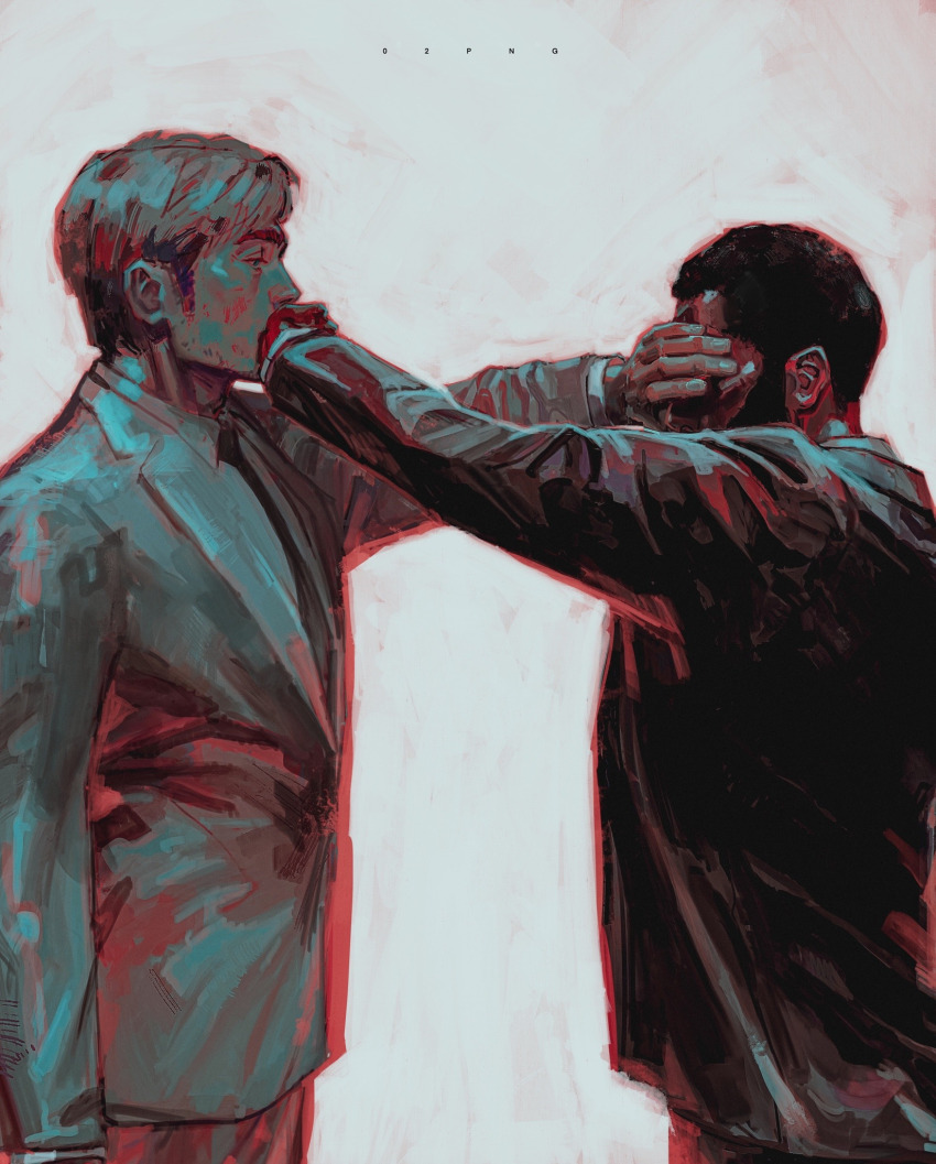 02png, 2boys, artist_name, beard, black_hair, black_suit, blonde_hair, blue_eyes