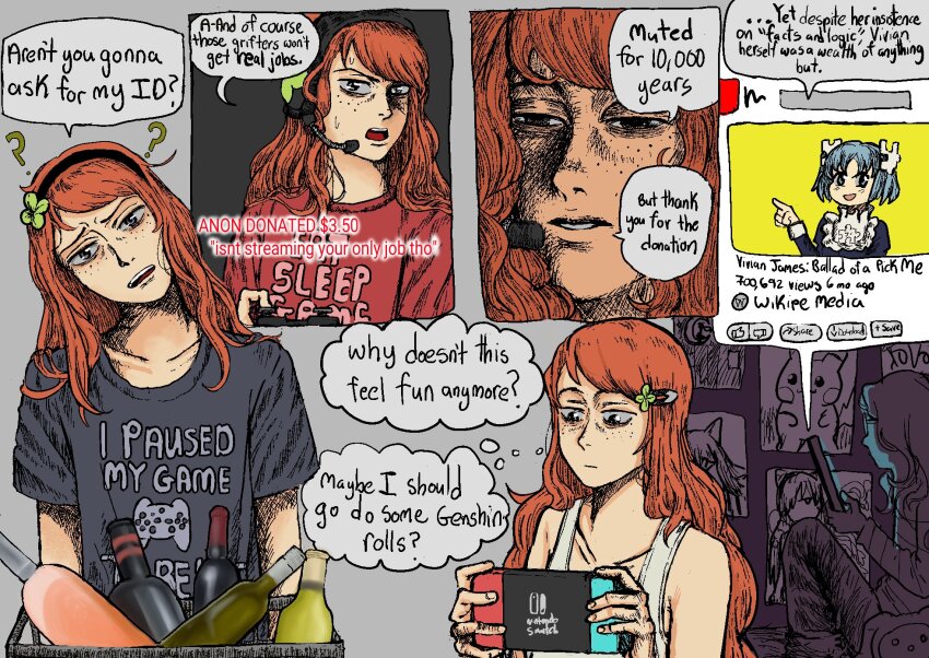 4chan, ?, aged_up, bags_under_eyes, bare_shoulders, black_hairband, bottle, closed_mouth, clover_hair_ornament, collarbone, commentary, controller, english_commentary, english_text, four-leaf_clover_hair_ornament, game_controller, grey_background, grey_shirt, hair_ornament, hairband, handheld_game_console, head_tilt, headset, highres, holding, holding_controller, holding_game_controller, holding_handheld_game_console, indoors, long_hair, nintendo_switch, open_mouth, orange_hair, print_shirt, puzzle_piece_hair_ornament, shirt, short_sleeves, simple_background, speech_bubble, talking, teeth, thought_bubble, toasty_rolls, upper_body, upper_teeth_only, vivian_james, wikipe-tan, wikipedia, wine_bottle