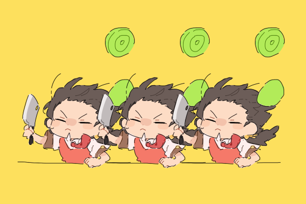 1girl, black_hair, chibi, closed_eyes, closed_mouth, cs_voca, dress, kaai_yuki, kyoufuu_all_back_(vocaloid), meme, multiple_persona, neckerchief, quality_cabbage_(meme), red_dress, red_neckerchief, shirt, short_sleeves, short_twintails, solo, twintails, vocaloid, white_shirt, wind, yellow_background