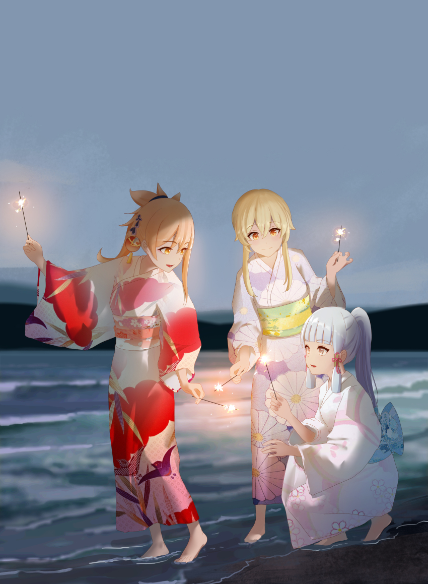 3girls, absurdres, aerldor, asymmetrical_sidelocks, ayaka_(genshin_impact), barefoot, beach, blonde_hair, blurry, clenched_hands, depth_of_field, earrings, eyelashes, feet, female_focus, fireworks, floral_print, full_body, genshin_impact, hair_ornament, happy, heel_up, highres, holding, holding_fireworks, japanese_clothes, jewelry, kimono, kneeling, long_hair, long_sleeves, looking_at_another, lumine_(genshin_impact), mihoyo, multicolored_yukata, multiple_girls, night, obi, ocean, open_mouth, orange_eyes, outdoors, parted_bangs, ponytail, print_yukata, sash, short_hair_with_long_locks, short_ponytail, sidelocks, sky, sky_print, smile, standing, summer, summer_festival, toes, traditional_clothes, unworn_hair_ornament, unworn_headwear, white_hair, wide_sleeves, yoimiya_(genshin_impact), yukata