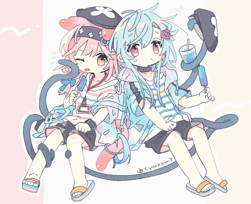 1boy, 1girl, animal_ears, arknights, black_shorts, blue_bow, blue_hair, bow
