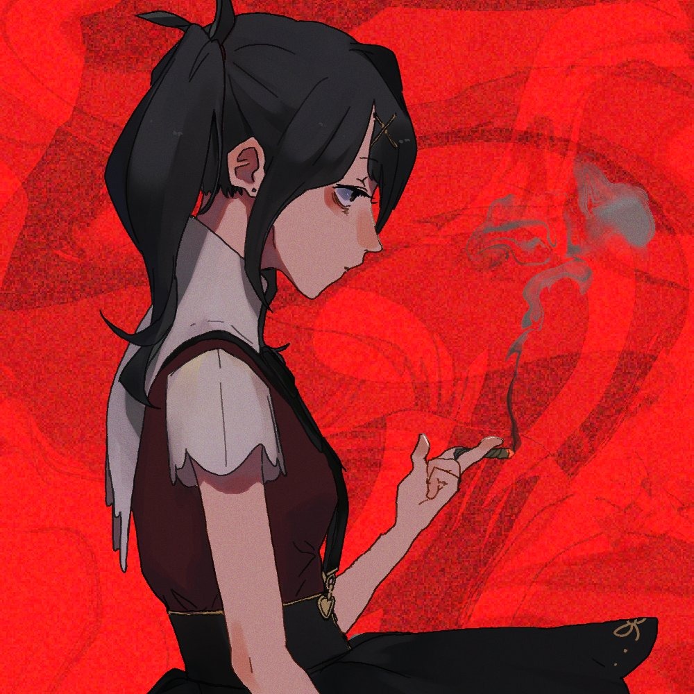 1girl, abstract_background, ame-chan_(needy_girl_overdose), black_eyes, black_hair, black_ribbon, black_skirt, collared_shirt, drugs, earrings, eiri7hamono, expressionless, from_side, hair_ornament, jewelry, jirai_kei, medium_hair, neck_ribbon, needy_girl_overdose, profile, red_background, red_shirt, ribbon, shirt, shirt_tucked_in, skirt, smoke, smoking, solo, stud_earrings, suspender_skirt, suspenders, twintails, upper_body, x_hair_ornament