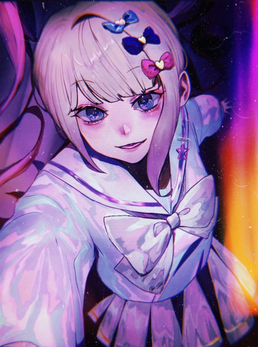 1girl, absurdres, blue_bow, blue_eyes, blue_hair, bow, chouzetsusaikawa_tenshi-chan, eiri7hamono