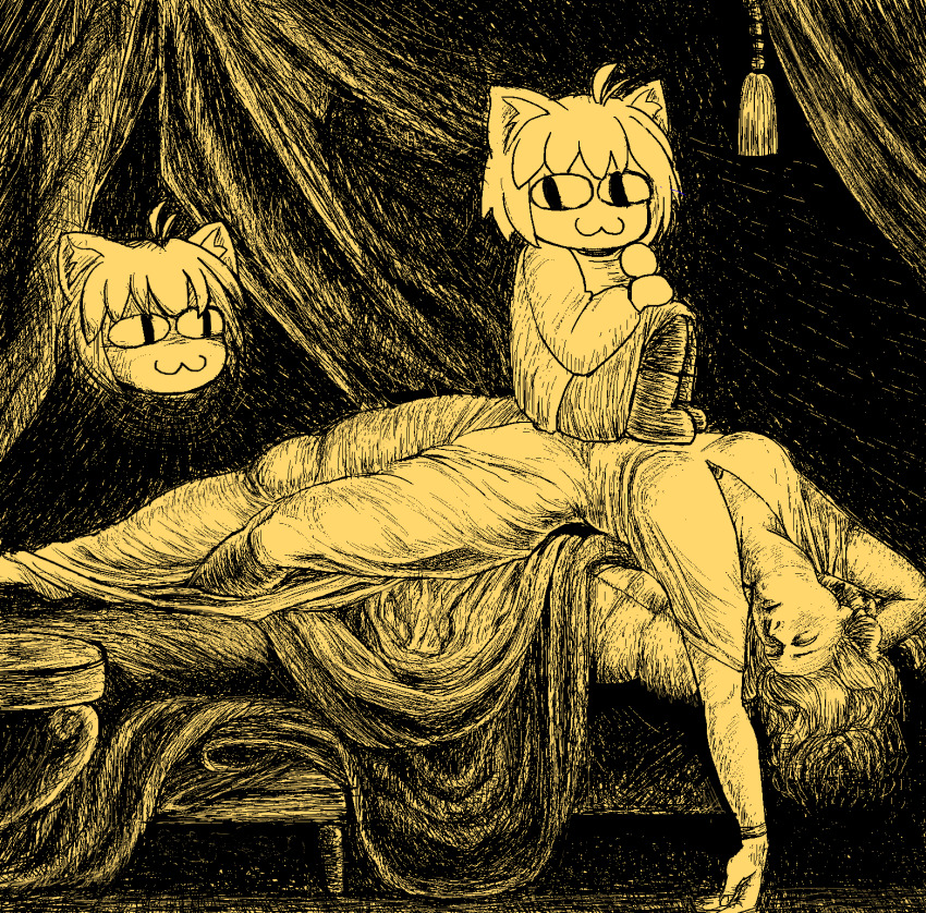 <|>_<|>, 3girls, :3, animal_ears, antenna_hair, breasts, cat_ears, commentary, curtains, fine_art_parody, henry_fuseli, highres, lying, medium_breasts, monochrome, multiple_girls, neco-arc, on_back, parody, sitting, sitting_on_person, the_nightmare_(henry_fuseli), toasty_rolls, tsukihime