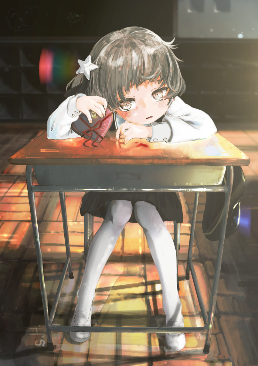 1girl, absurdres, beret, black_hat, black_ribbon, black_skirt, blurry, blurry_background, blush, brown_eyes, brown_hair, chair, classroom, commentary_request, desk, elbows_on_table, fangs, full_body, hair_ornament, hair_ribbon, hariyama_sugiru, hat, hatoba_tsugu, head_down, highres, indoors, long_sleeves, looking_at_viewer, mole, mole_under_eye, on_chair, open_mouth, pantyhose, ribbon, school_desk, shirt, shoes, signature, sitting, skin_fangs, skirt, solo, star_(symbol), star_hair_ornament, straight-on, translation_request, tsugu_(vtuber), unworn_headwear, uwabaki, valentine, virtual_youtuber, white_pantyhose, white_shirt