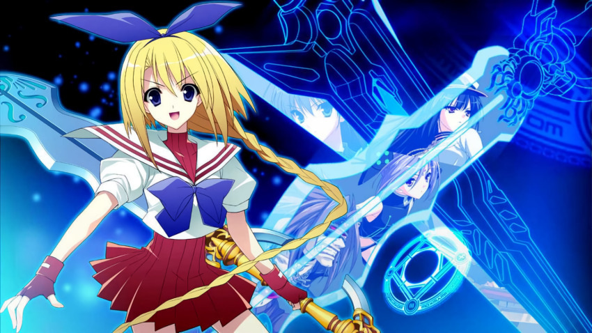 2boys, 3girls, black_hair, blonde_hair, blue_eyes, braid, ende_(phantom_breaker), fingerless_gloves