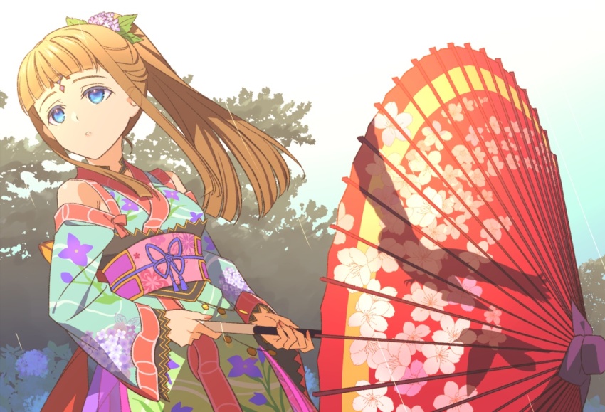1girl, alternate_costume, alternate_hairstyle, bare_shoulders, bird, blue_eyes, blue_kimono, blunt_bangs, blurry, blurry_background, brown_hair, detached_sleeves, floral_kimono, flower, forest, hair_flower, hair_ornament, high_ponytail, holding, holding_umbrella, hydrangea, japanese_clothes, kimono, long_hair, looking_afar, nature, oil-paper_umbrella, parted_lips, ponytail, rain, shiho_(valkyrie_profile), silhouette, standing, umbrella, valkyrie_profile_(series), valkyrie_profile_1, wind, yunde_(twez3727)