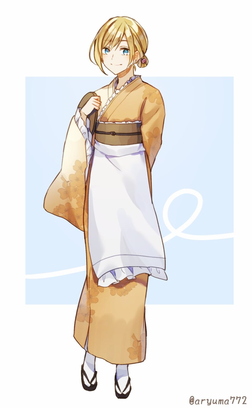 1boy, androgynous, apron, aqua_eyes, aryuma772, behemo_barisol, blonde_hair, enbizaka_no_shitateya_(vocaloid)