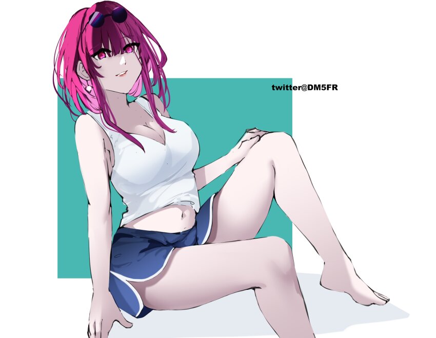 breasts, casual, dm5fr, earrings, glasses, highres, honkai:_star_rail, honkai_(series), jewelry, kafka_(honkai:_star_rail), large_breasts, pink_hair, red_eyes, shirt, short_hair, shorts, spread_legs, thighs, white_shirt