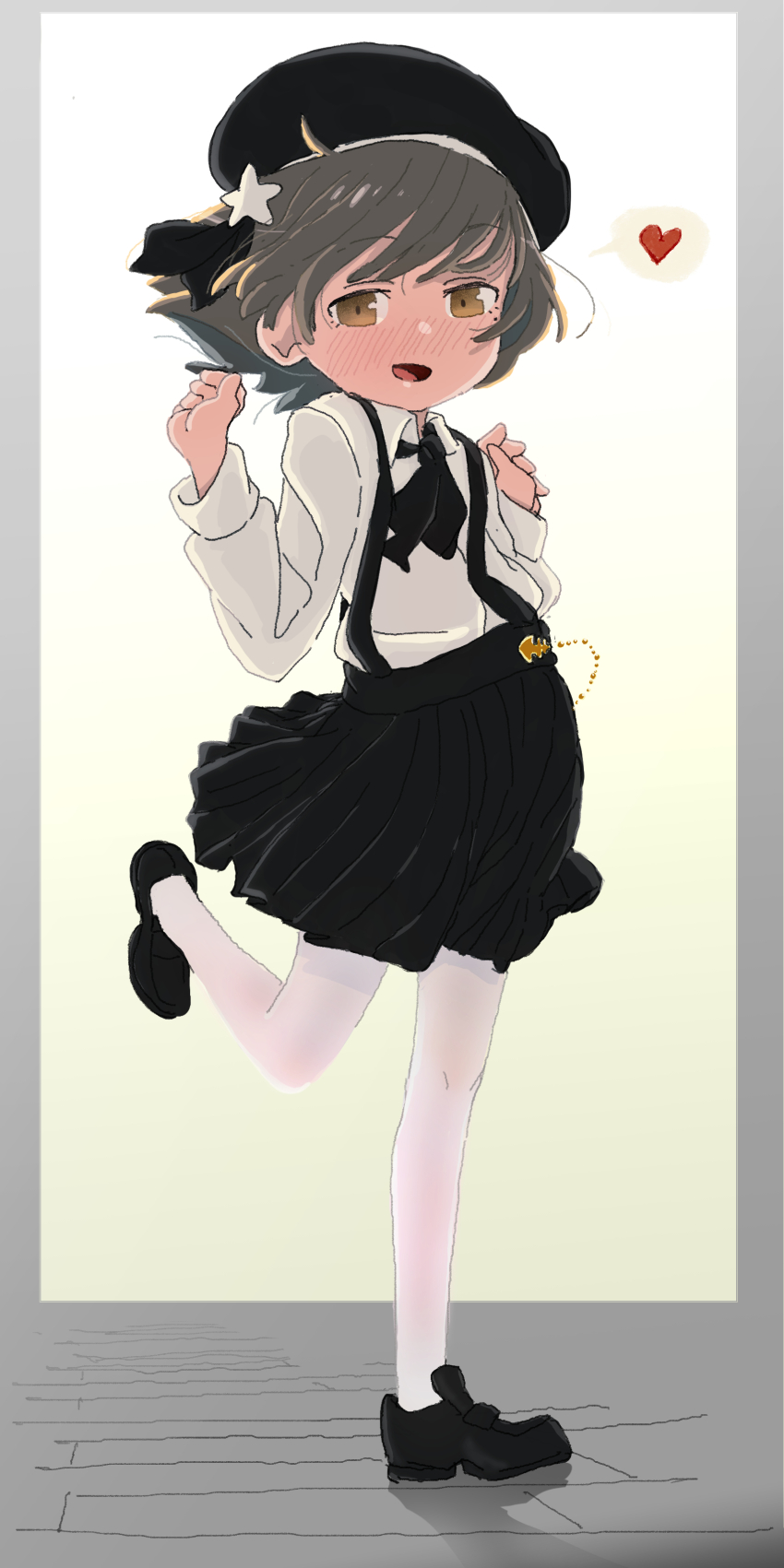 1girl, absurdres, beret, black_hat, black_ribbon, black_skirt, blush, border