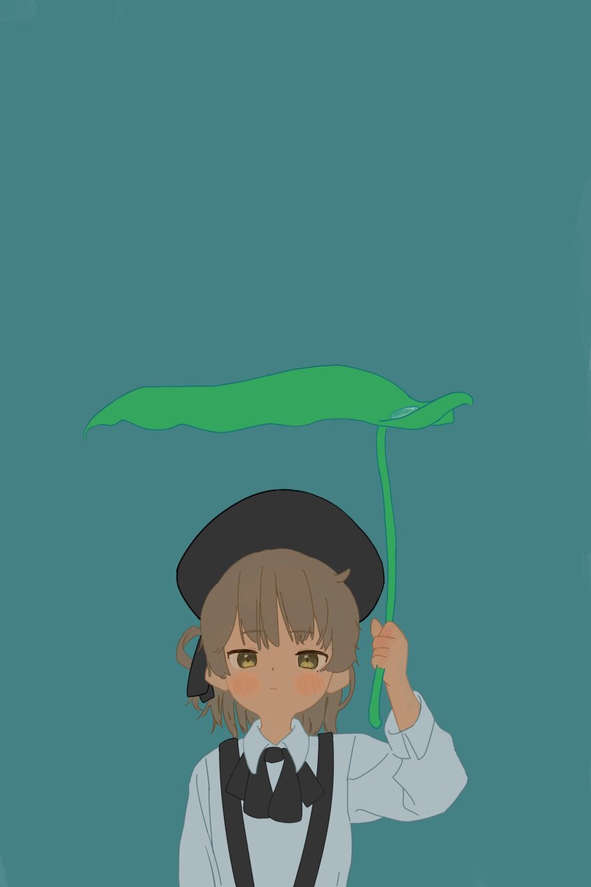 1girl, absurdres, beret, black_hat, black_ribbon, blue_background, blush, closed_mouth