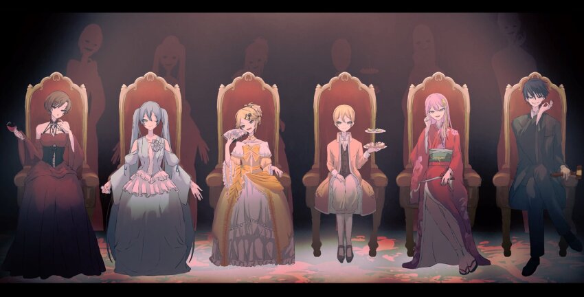 2boys, 4girls, \||/, aku_no_meshitsukai_(vocaloid), aku_no_musume_(vocaloid), akujiki_musume_conchita_(vocaloid), akutoku_no_judgement_(vocaloid), allen_avadonia, aqua_dress, aqua_eyes, aqua_flower, aqua_hair, aqua_rose, ascot, banica_conchita, bare_shoulders, black_choker, black_robe, blonde_hair, blue_eyes, bottle, bow, brown_eyes, brown_footwear, brown_hair, brown_pants, choker, clothing_cutout, collarbone, collared_shirt, corset, crossed_legs, cup, detached_collar, detached_sleeves, different_shadow, dress, dress_bow, dress_flower, emon_(maguro03_ice), enbizaka_no_shitateya_(vocaloid), evil_grin, evil_smile, evillious_nendaiki, floral_print, flower, frilled_dress, frilled_sleeves, frills, gallerian_marlon, geta, glass_of_conchita, green_eyes, green_sash, grin, hair_between_eyes, hair_bow, hair_ornament, hairclip, hammer, hand_fan, hatsune_miku, high_collar, high_ponytail, highres, holding, holding_bottle, holding_cup, holding_fan, holding_hammer, holding_mallet, holding_scissors, holding_tray, jacket, japanese_clothes, judge, kagamine_len, kagamine_rin, kaito_(vocaloid), kanzashi, kimono, long_dress, long_hair, long_jacket, looking_at_viewer, mallet, margarita_blankenheim, megurine_luka, meiko_(vocaloid), money_gesture, multiple_boys, multiple_girls, nemurase_hime_kara_no_okurimono_(vocaloid), obi, off-shoulder_dress, off_shoulder, ojou-sama_pose, on_throne, one_eye_closed, orange_jacket, pants, petticoat, pink_hair, ponytail, possessed, possession, project_sekai, red_dress, red_kimono, red_sleeves, riliane_lucifen_d'autriche, robe, rose, sandals, sash, scissors, shirt, shoes, shoulder_cutout, sitting, smile, sudou_kayo, swept_bangs, tabi, throne, tray, twin_blades_of_levianta, twintails, updo, very_long_hair, vessel_of_sin, vocaloid, wide_sleeves, yellow_bow, yellow_dress, zouri