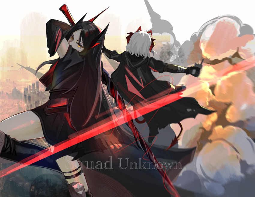 2girls, absurdres, arknights, arm_behind_head, arm_up, black_cape, black_gloves, black_hair