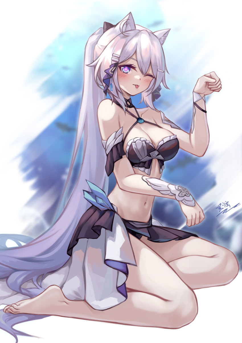 1girl, :p, animal_ears, barefoot, blue_eyes, blush, breasts, cat_ears