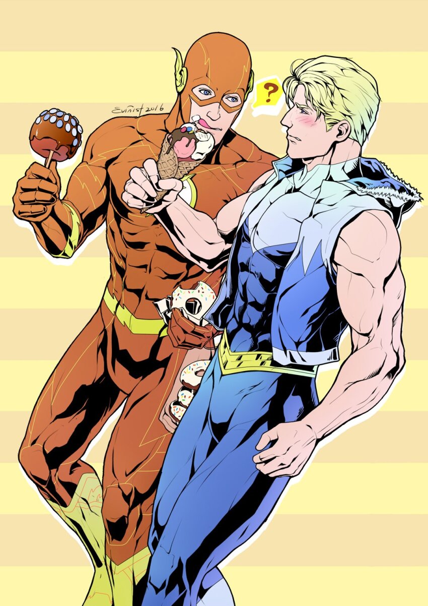 2boys, ?, artist_name, bara, barry_allen, blonde_hair, blue_bodysuit, blue_eyes